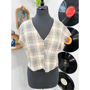 Primark Plaid Cropped Button-Down Blouse – Blue/Tan/Black – Size 12